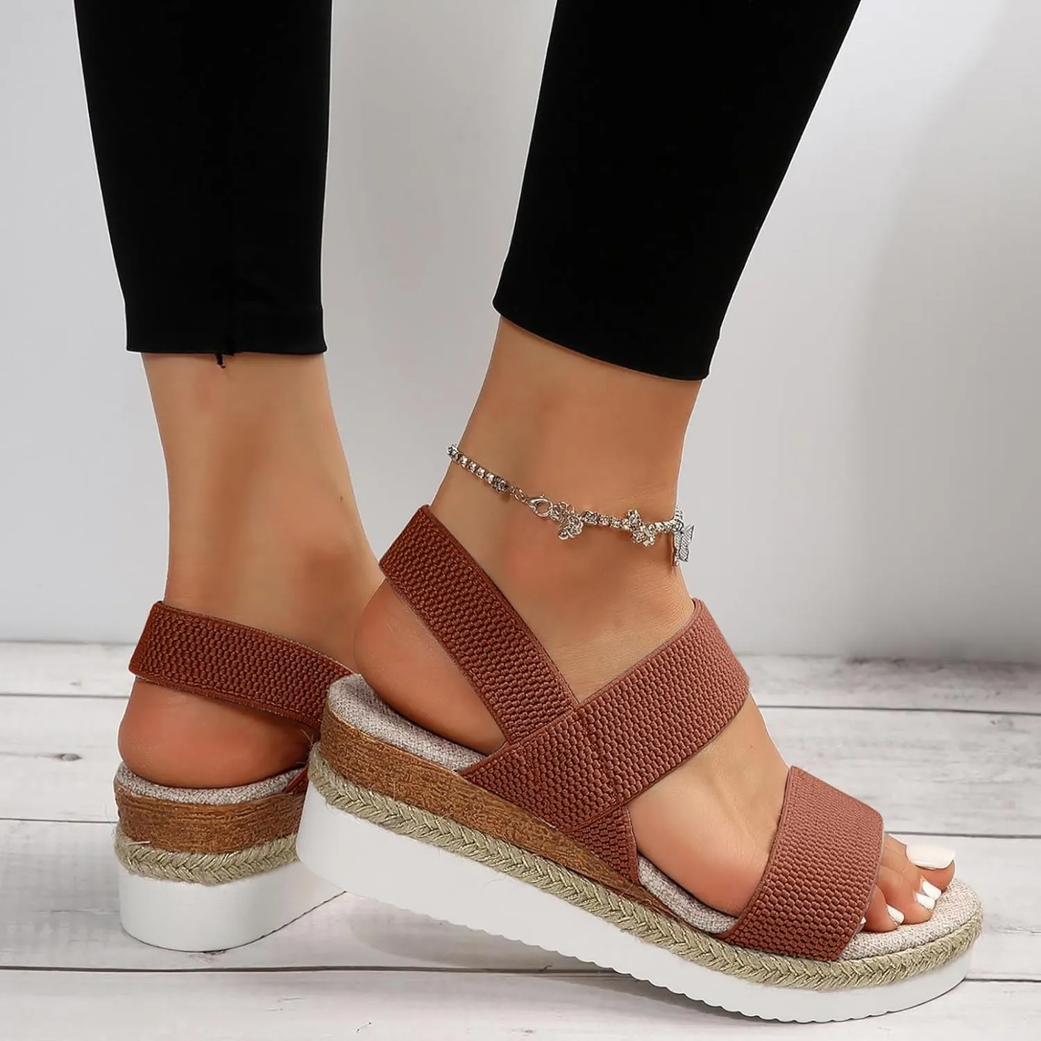 Women's Sandals Comfortable Dressy Cork Low Wedge Heels Cute Summer One Band Casual Flat Sandals with Adjustable Ankle Strap