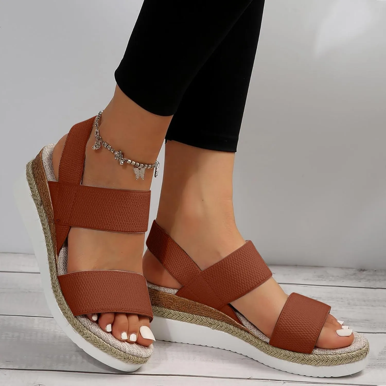 Women's Sandals Comfortable Dressy Cork Low Wedge Heels Cute Summer One Band Casual Flat Sandals with Adjustable Ankle Strap