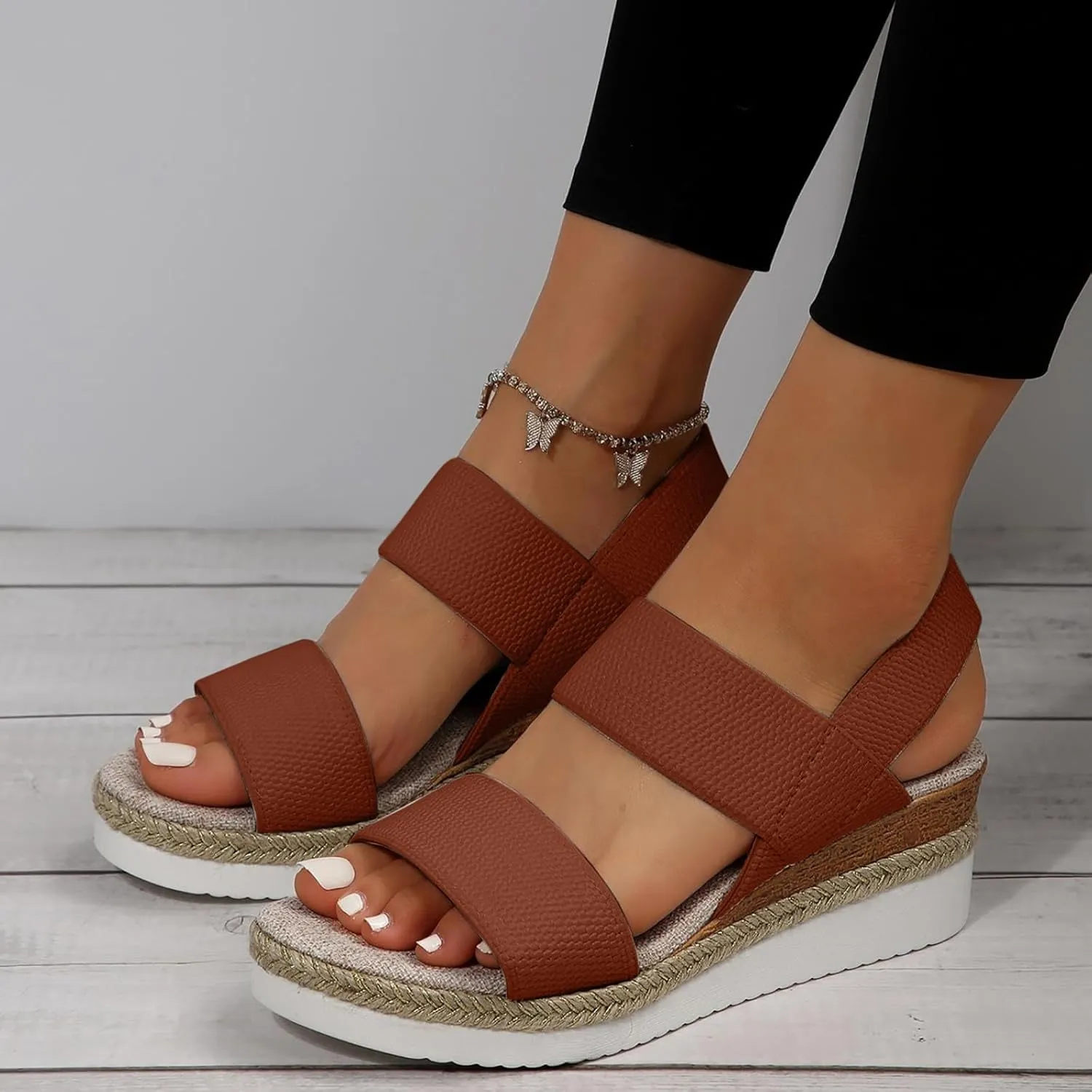 Women's Sandals Comfortable Dressy Cork Low Wedge Heels Cute Summer One Band Casual Flat Sandals with Adjustable Ankle Strap