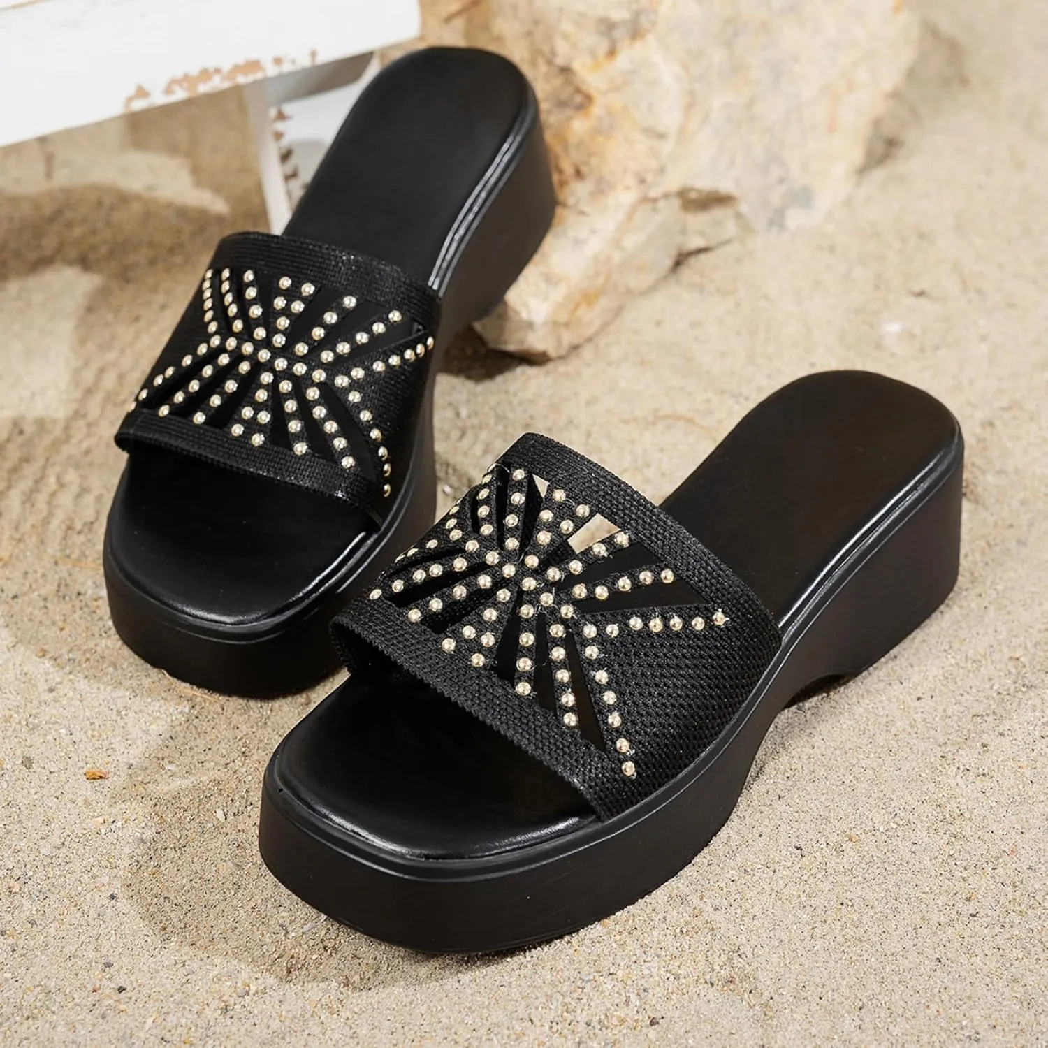 Womens Sandals Slip-On Platform for Women Slides Shoes Open Toe One Band Wedge Platform Sandals Summer Beach Comfortable Soft Sole Slipper Rhinestones Lightweight Breathable Dressy Wedding Slippers