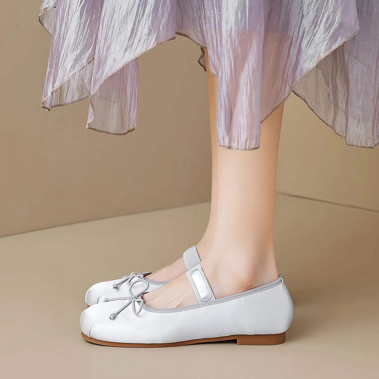 Women's Satin Ballet Flats Square Toe Slip on Bowknot Shoes Elastic Strap Ballets Shoes