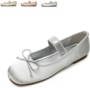 Women's Satin Ballet Flats Square Toe Slip on Bowknot Shoes Elastic Strap Ballets Shoes