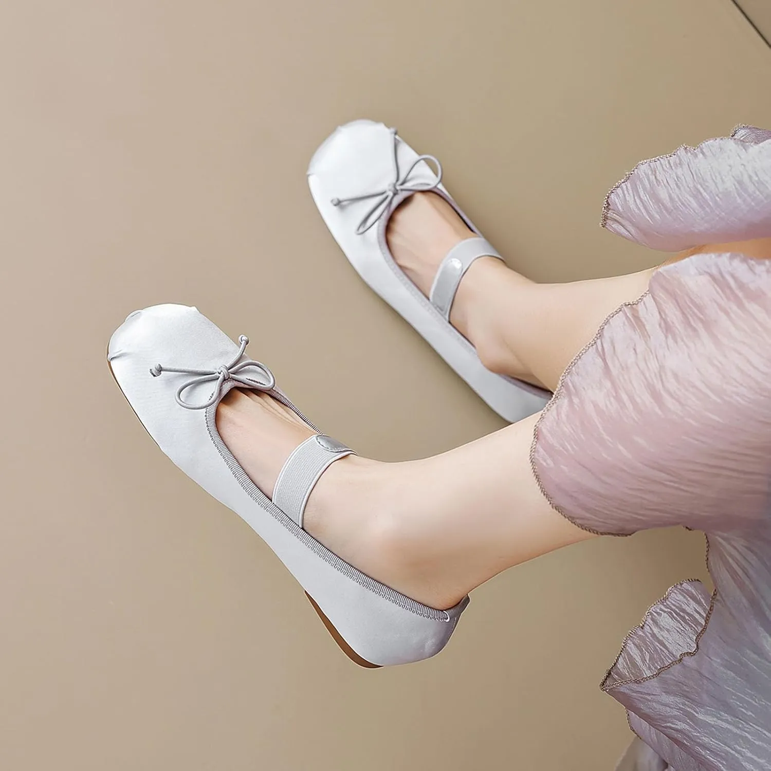 Women's Satin Ballet Flats Square Toe Slip on Bowknot Shoes Elastic Strap Ballets Shoes