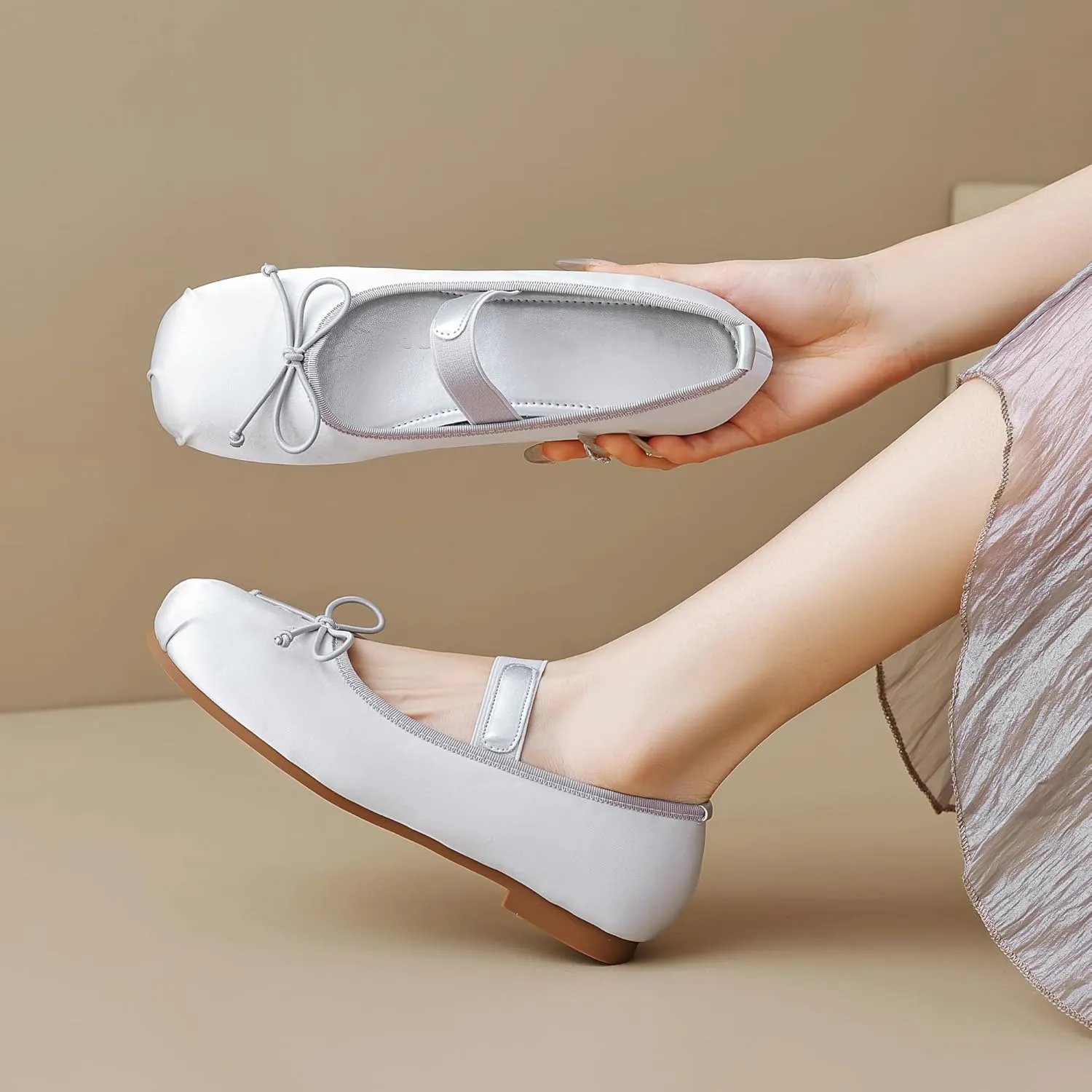 Women's Satin Ballet Flats Square Toe Slip on Bowknot Shoes Elastic Strap Ballets Shoes