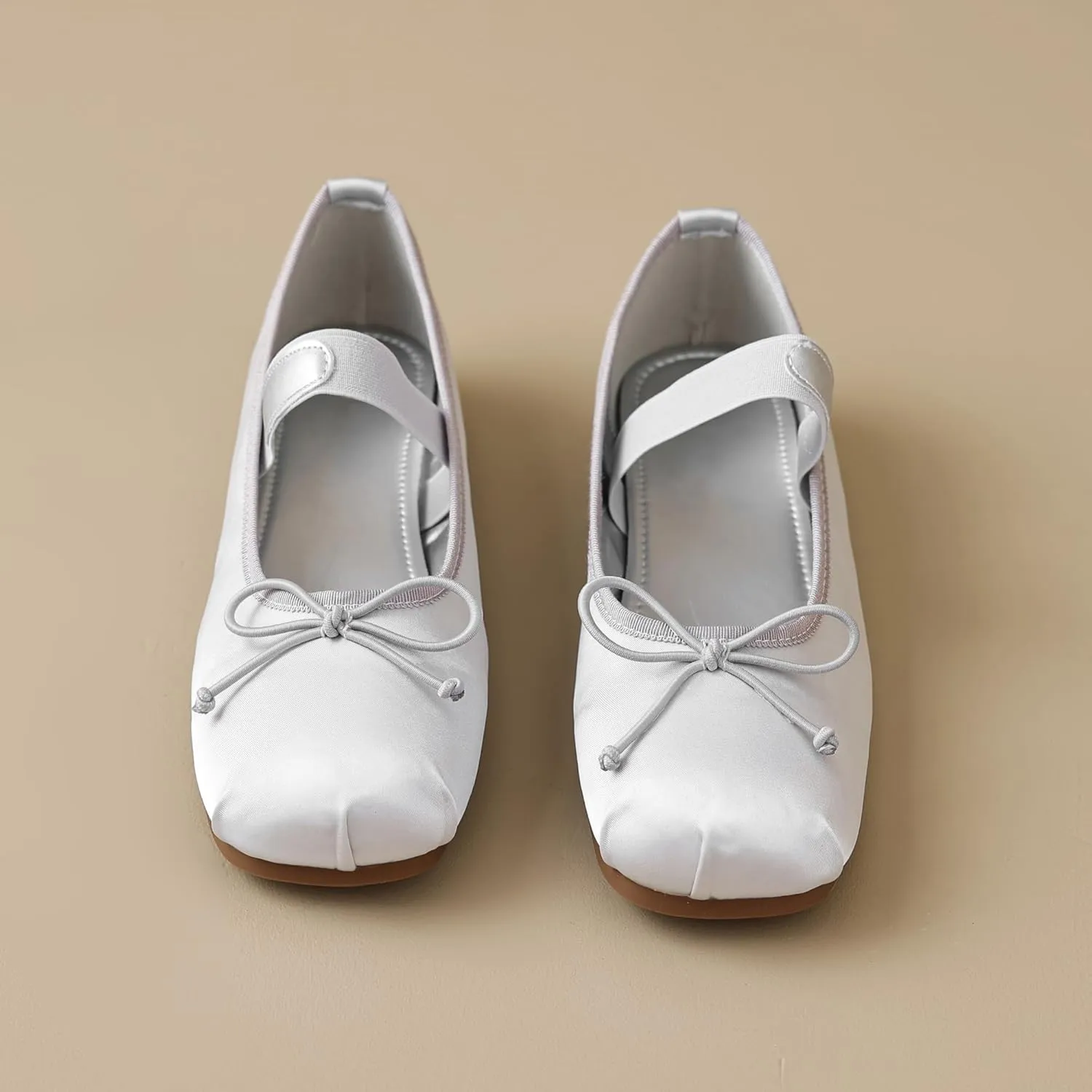 Women's Satin Ballet Flats Square Toe Slip on Bowknot Shoes Elastic Strap Ballets Shoes
