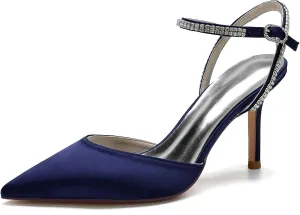 Women's Slingback Buckle Pumps Pointed Toe Satin Sexy Dress Wedding Party Ankle with Rhinestone Strap Bride Stiletto Heels