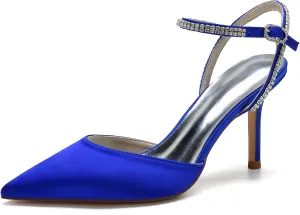 Women's Slingback Buckle Pumps Pointed Toe Satin Sexy Dress Wedding Party Ankle with Rhinestone Strap Bride Stiletto Heels