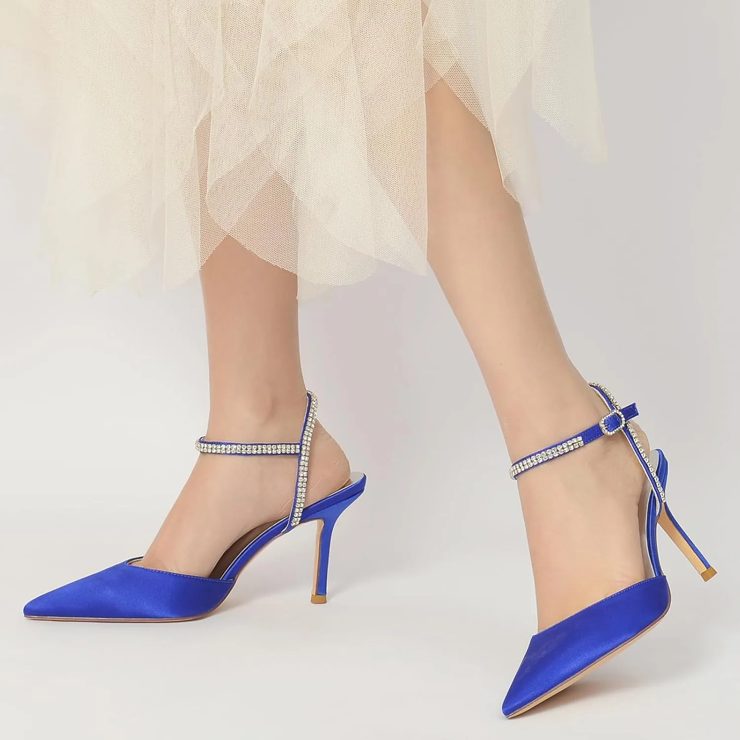 Women's Slingback Buckle Pumps Pointed Toe Satin Sexy Dress Wedding Party Ankle with Rhinestone Strap Bride Stiletto Heels