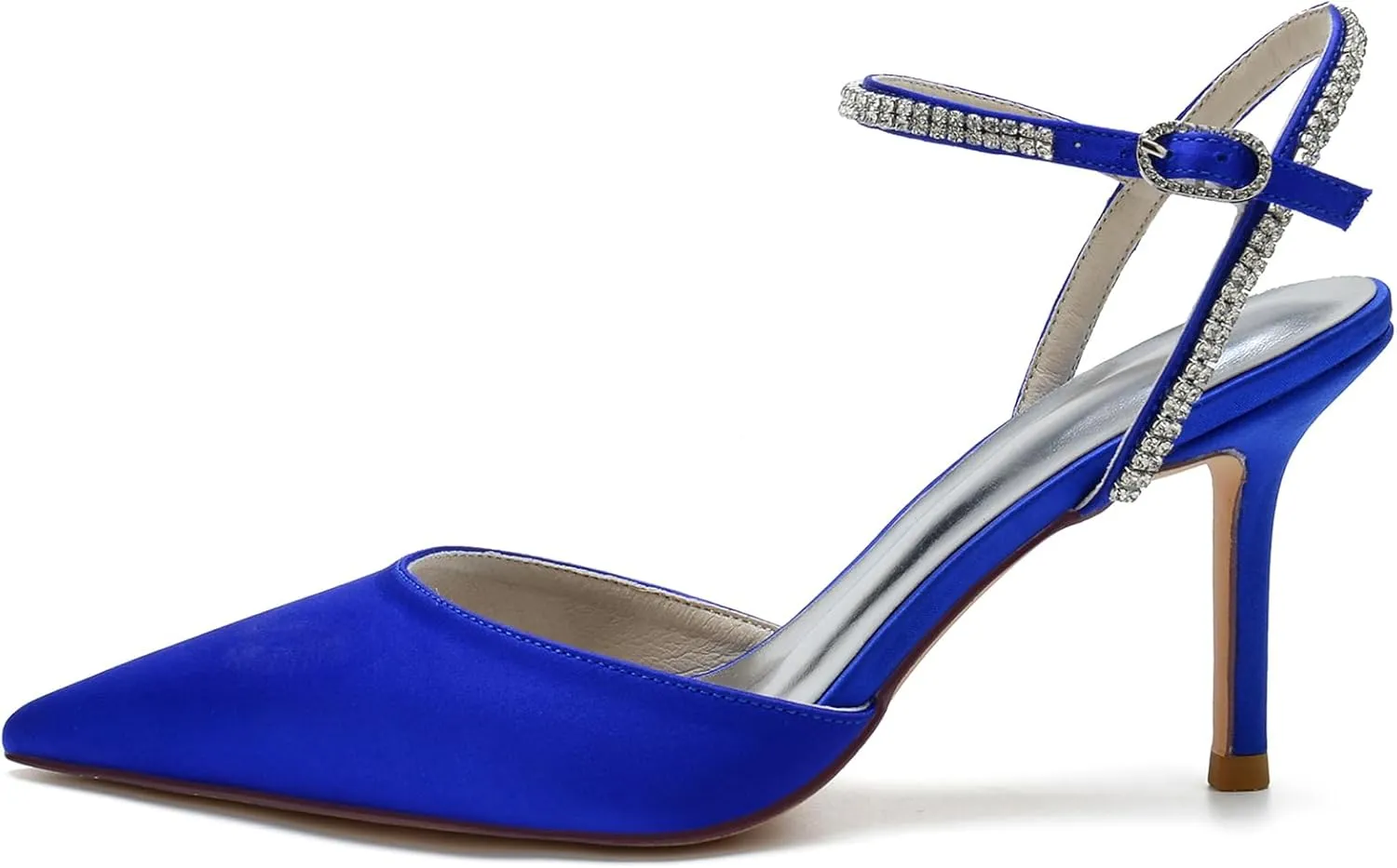 Women's Slingback Buckle Pumps Pointed Toe Satin Sexy Dress Wedding Party Ankle with Rhinestone Strap Bride Stiletto Heels