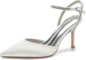 Women's Slingback Buckle Pumps Pointed Toe Satin Sexy Dress Wedding Party Ankle with Rhinestone Strap Bride Stiletto Heels