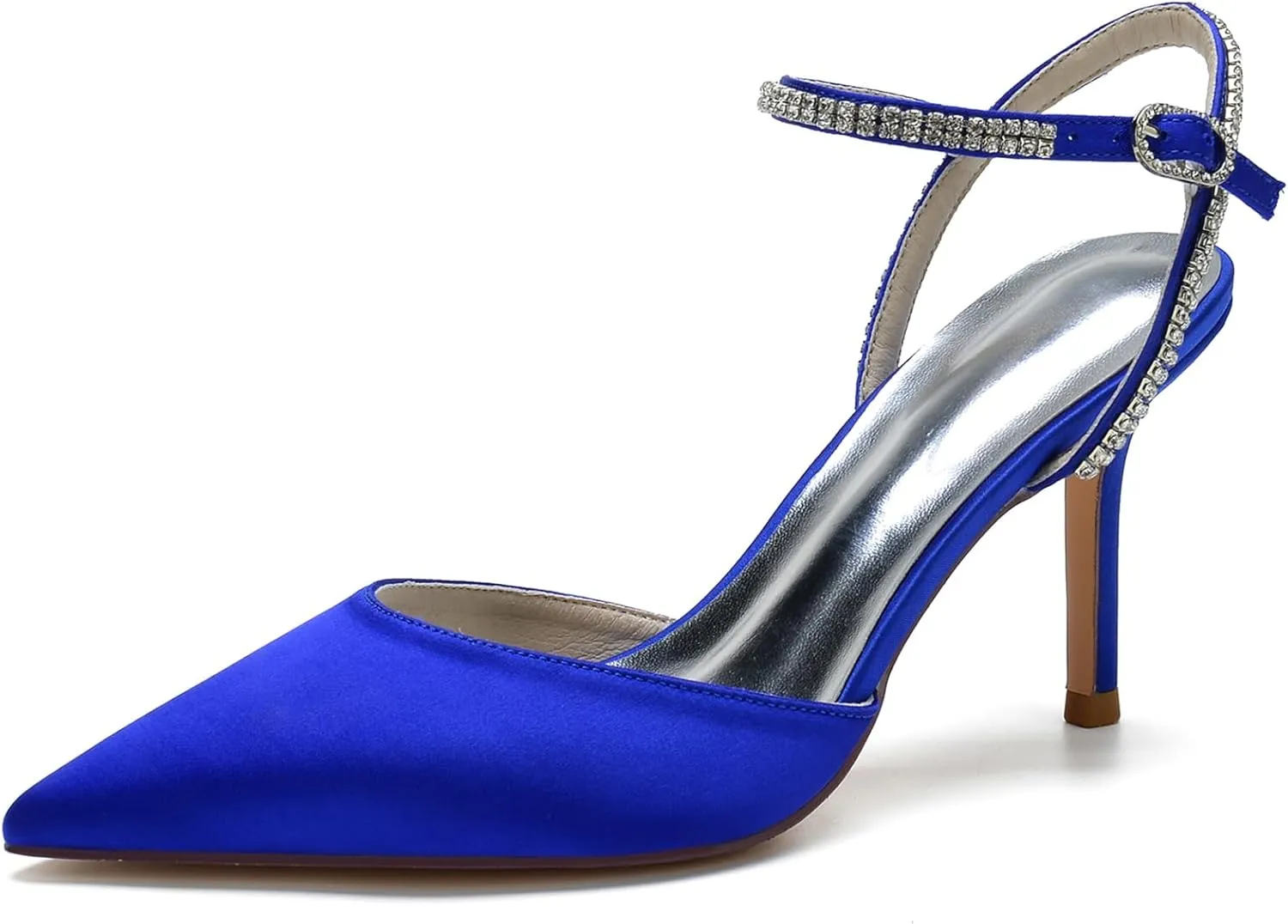 Women's Slingback Buckle Pumps Pointed Toe Satin Sexy Dress Wedding Party Ankle with Rhinestone Strap Bride Stiletto Heels
