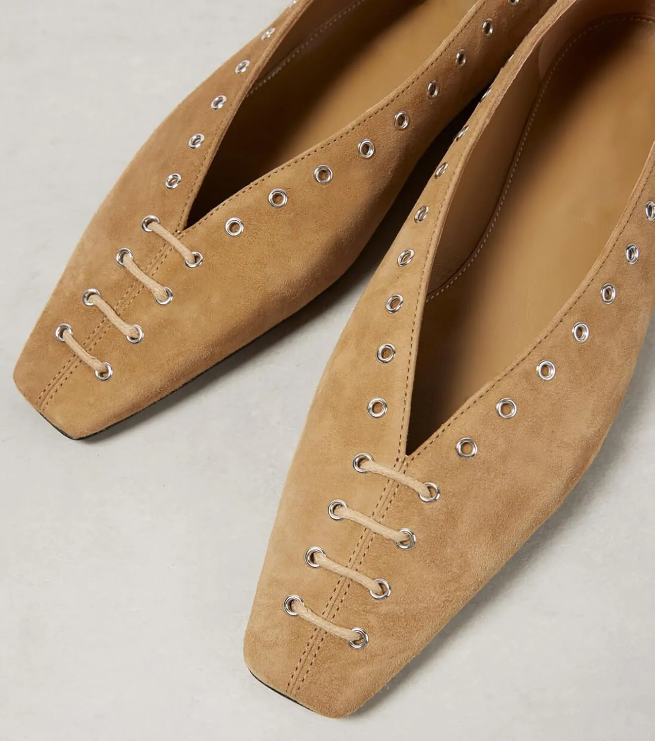 Women's Suede Ballet Flats Square Closed Toe Lace Up Loafers with Metal Buckle Decoration Casual Comfort Flat Shoes