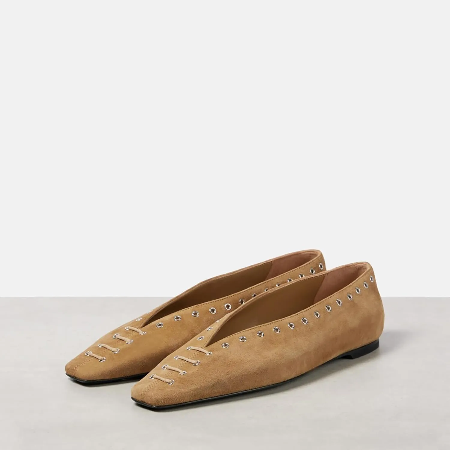 Women's Suede Ballet Flats Square Closed Toe Lace Up Loafers with Metal Buckle Decoration Casual Comfort Flat Shoes