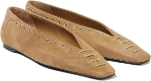 Women's Suede Ballet Flats Square Closed Toe Lace Up Loafers with Metal Buckle Decoration Casual Comfort Flat Shoes