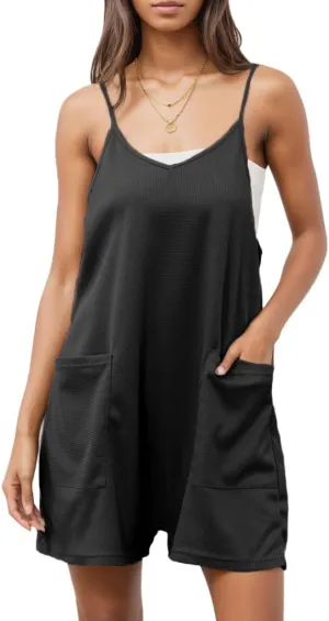 Women's Summer Casual Waffle Knit Rompers Loose Spaghetti Strap Shorts Overalls Sleeveless Jumpsuit with Pockets