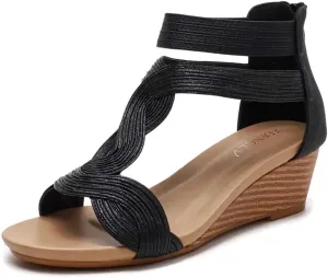 Women's Summer Wedge Sandals Gladiator Rhinestone High Heel Breathable Beach Sandals Roman Open Toe Casual Dress Sandals