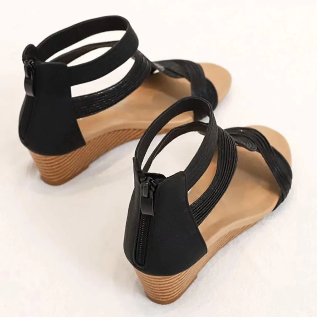 Women's Summer Wedge Sandals Gladiator Rhinestone High Heel Breathable Beach Sandals Roman Open Toe Casual Dress Sandals