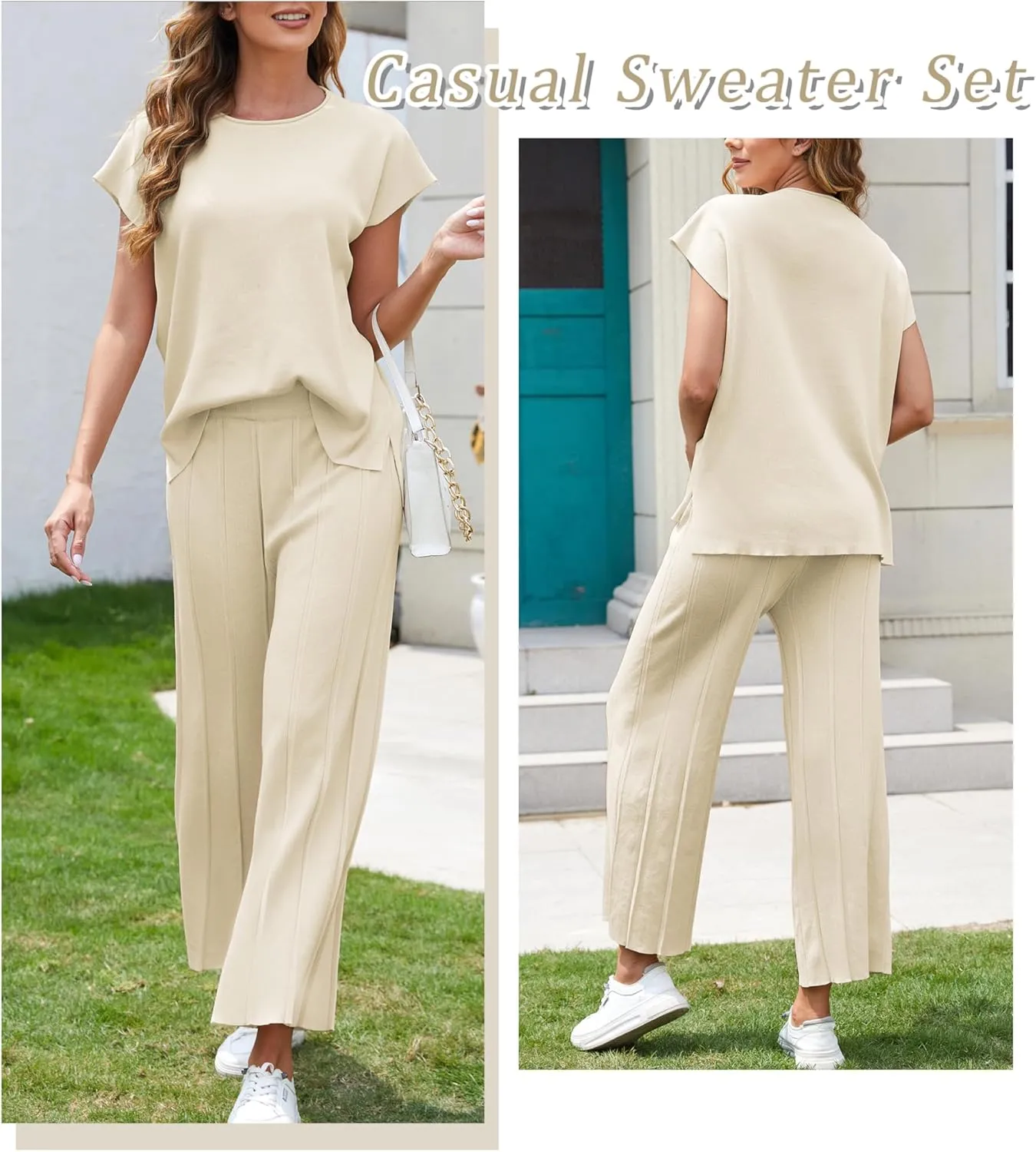 Women's Sweater Set 2 Piece Lounge Set Knit Pullover Tops Vest High Waisted Pants Outfits