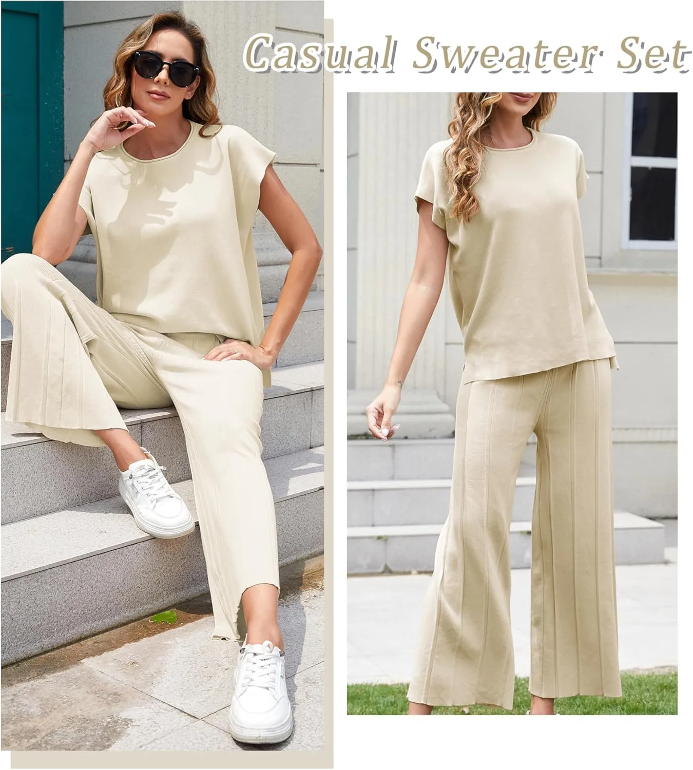 Women's Sweater Set 2 Piece Lounge Set Knit Pullover Tops Vest High Waisted Pants Outfits