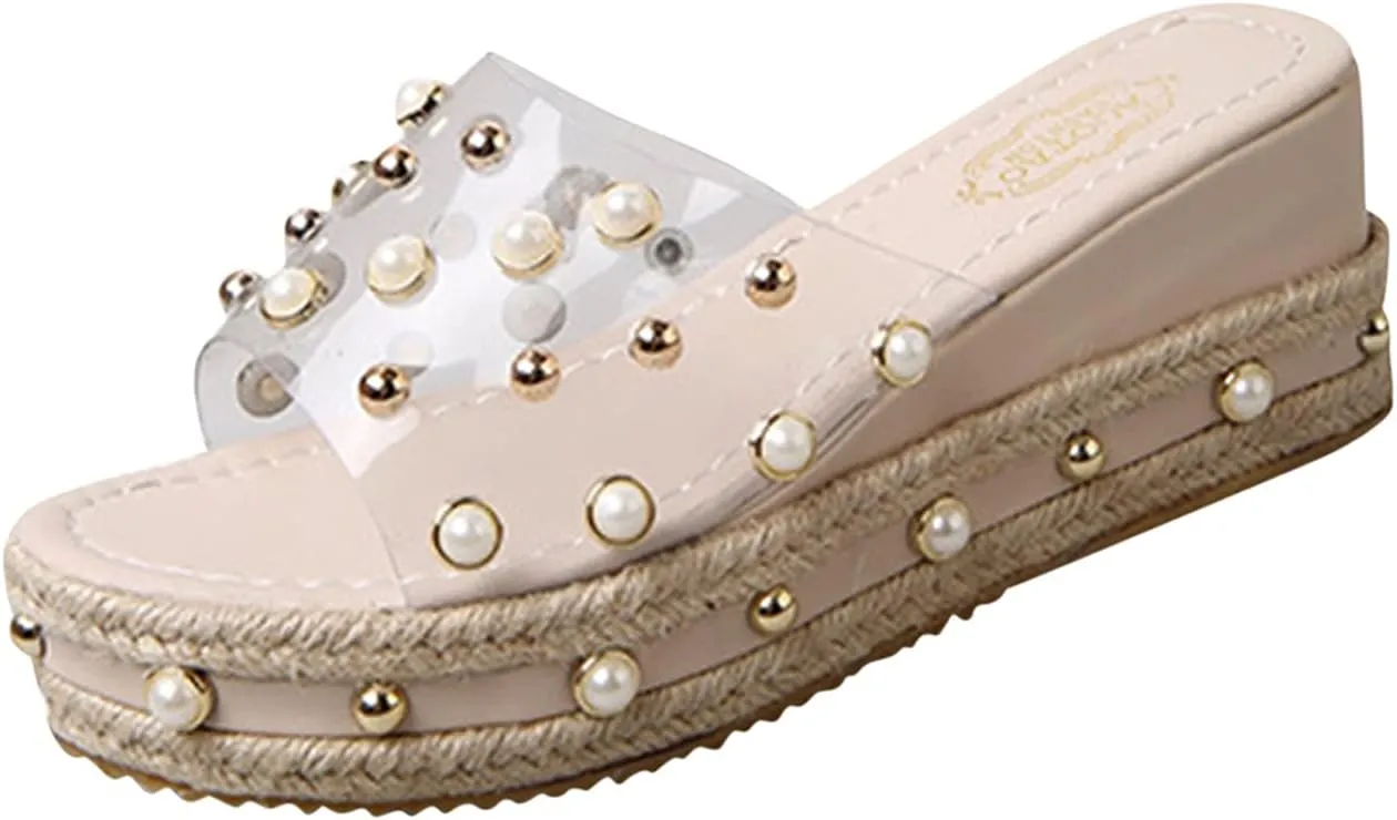 Womens Trendy Dressy Heeled Sandals Spring Platform Wedge 2024 Clear Strap Comfortable Summer Pearl Slide Cute Cutes, 7, Black,beige