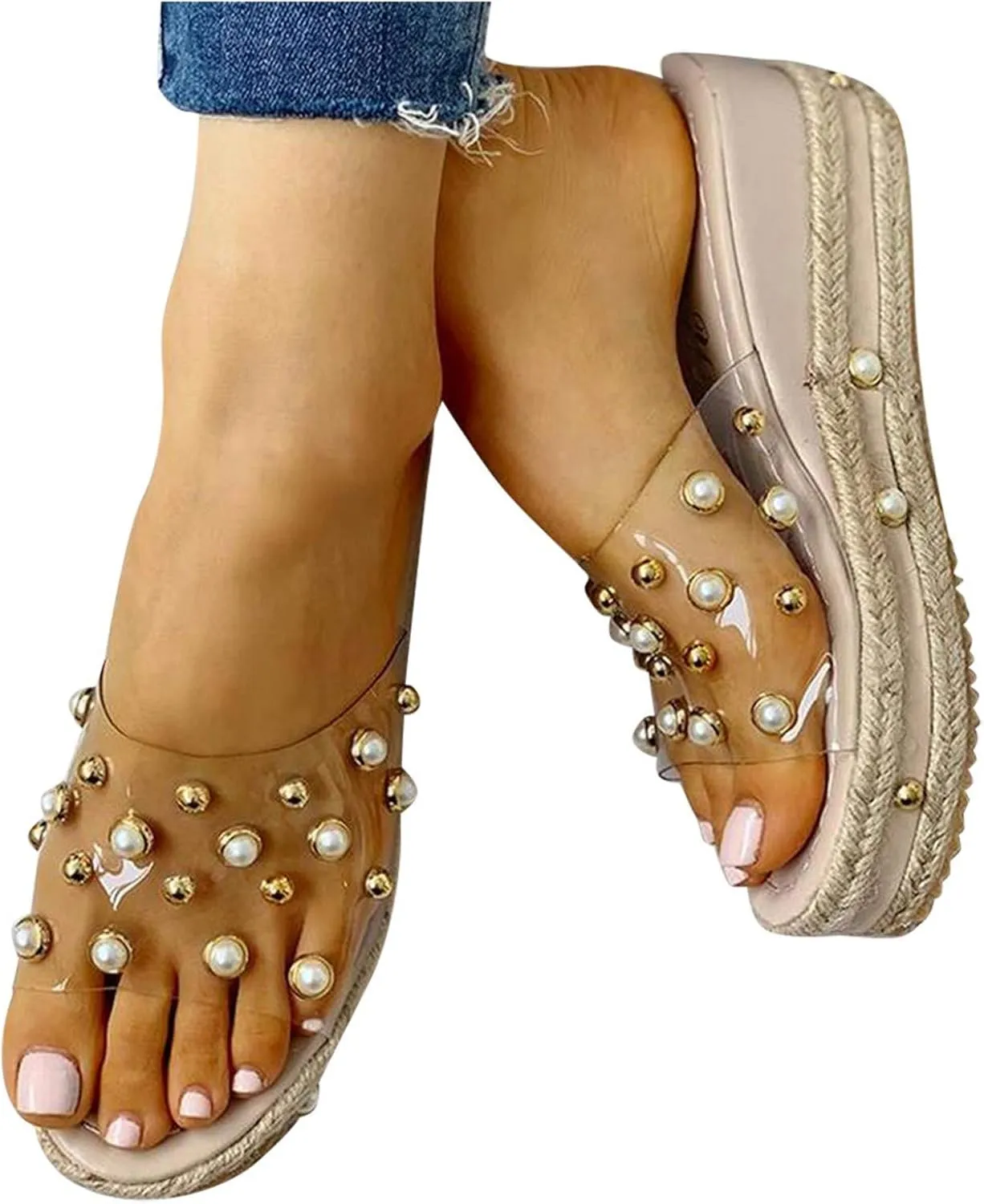 Womens Trendy Dressy Heeled Sandals Spring Platform Wedge 2024 Clear Strap Comfortable Summer Pearl Slide Cute Cutes, 7, Black,beige