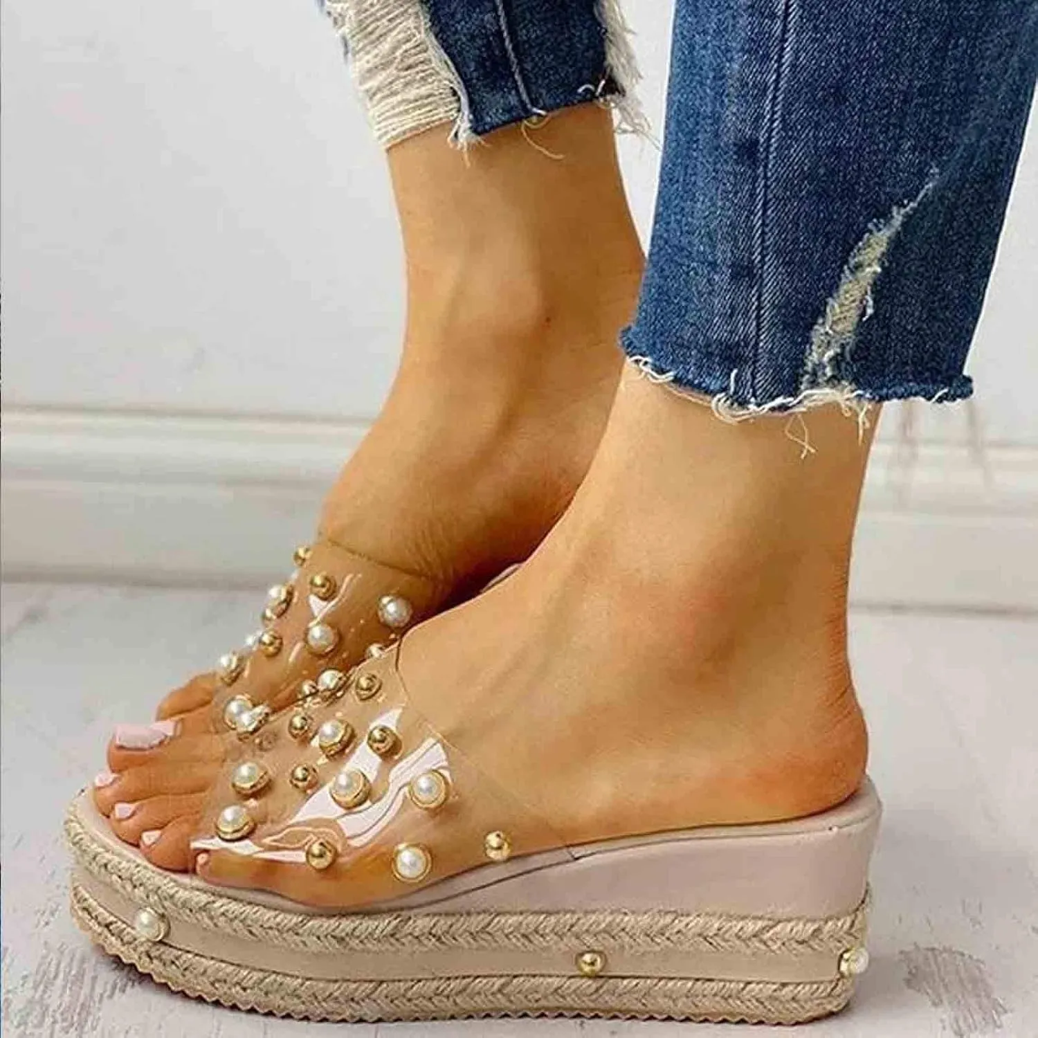 Womens Trendy Dressy Heeled Sandals Spring Platform Wedge 2024 Clear Strap Comfortable Summer Pearl Slide Cute Cutes, 7, Black,beige