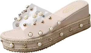 Womens Trendy Dressy Heeled Sandals Spring Platform Wedge 2024 Clear Strap Comfortable Summer Pearl Slide Cute Cutes, 7, Black,beige