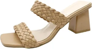 Women's Two Braided Strap High Chunky Heels For Women Slip On Open Square Toe Block Platform Heels Sandals Holiday Party Wedding Dress Pumps Shoes