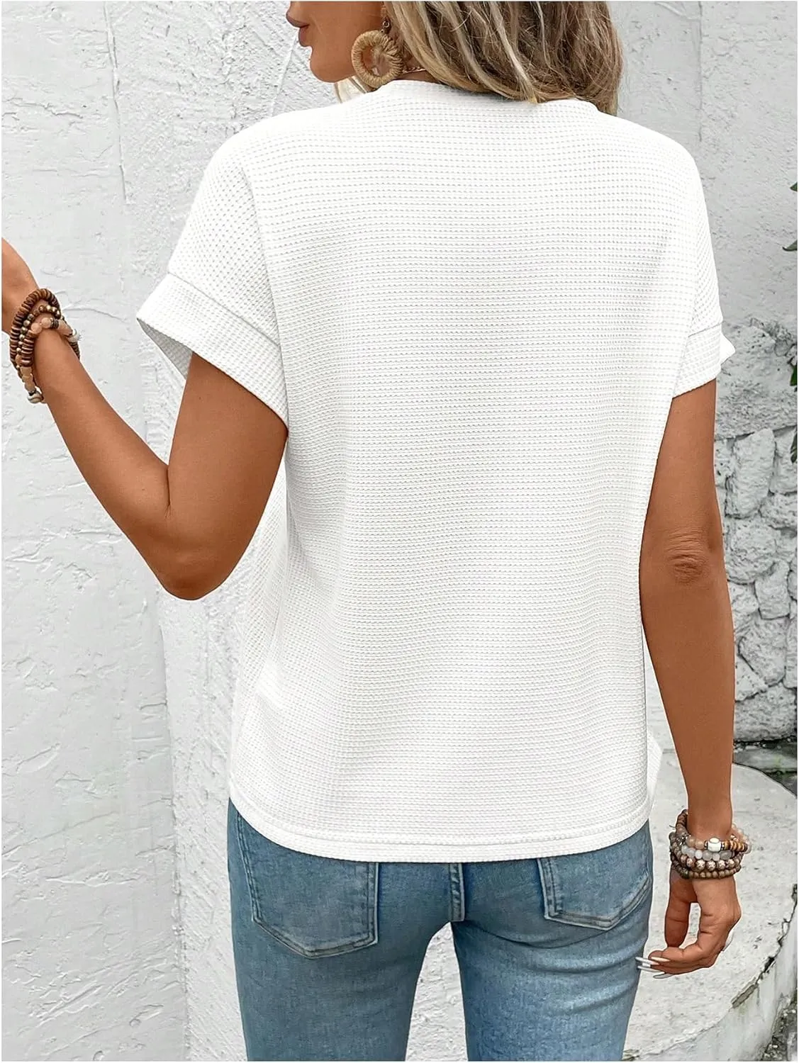 Women's Waffle Knit Short Sleeve Tee Tops Loose Crew Neck Cap Sleeve T Shirt Casual Tees