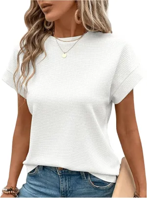 Women's Waffle Knit Short Sleeve Tee Tops Loose Crew Neck Cap Sleeve T Shirt Casual Tees