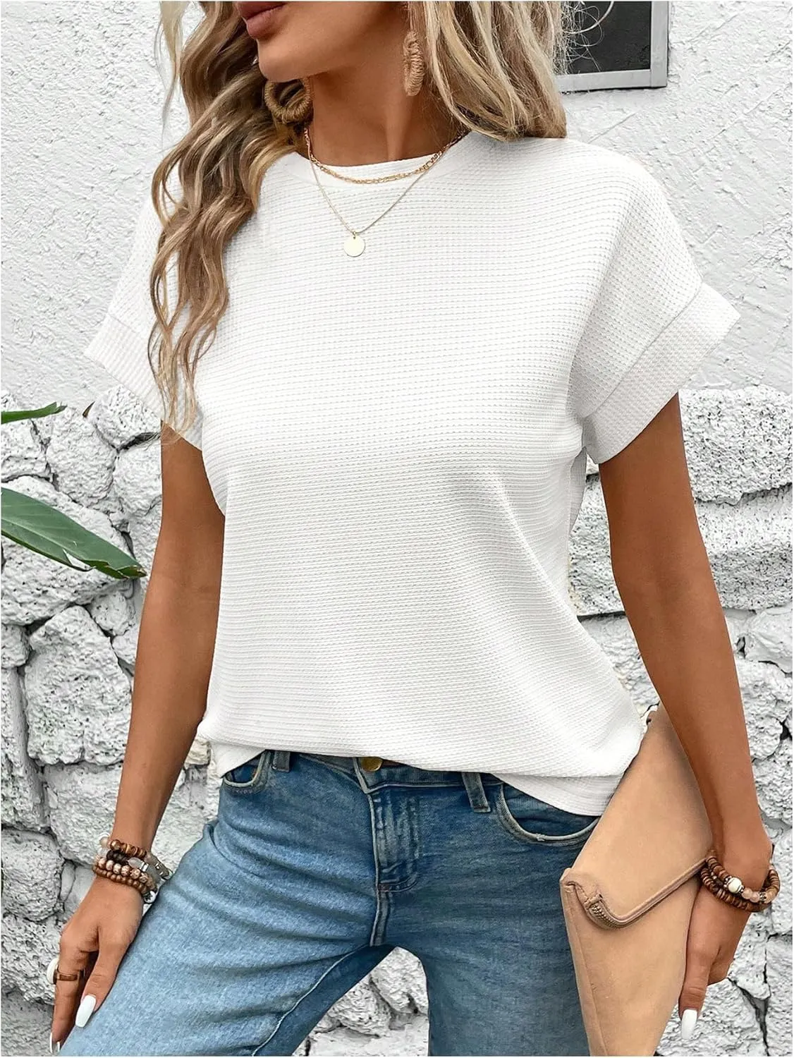 Women's Waffle Knit Short Sleeve Tee Tops Loose Crew Neck Cap Sleeve T Shirt Casual Tees