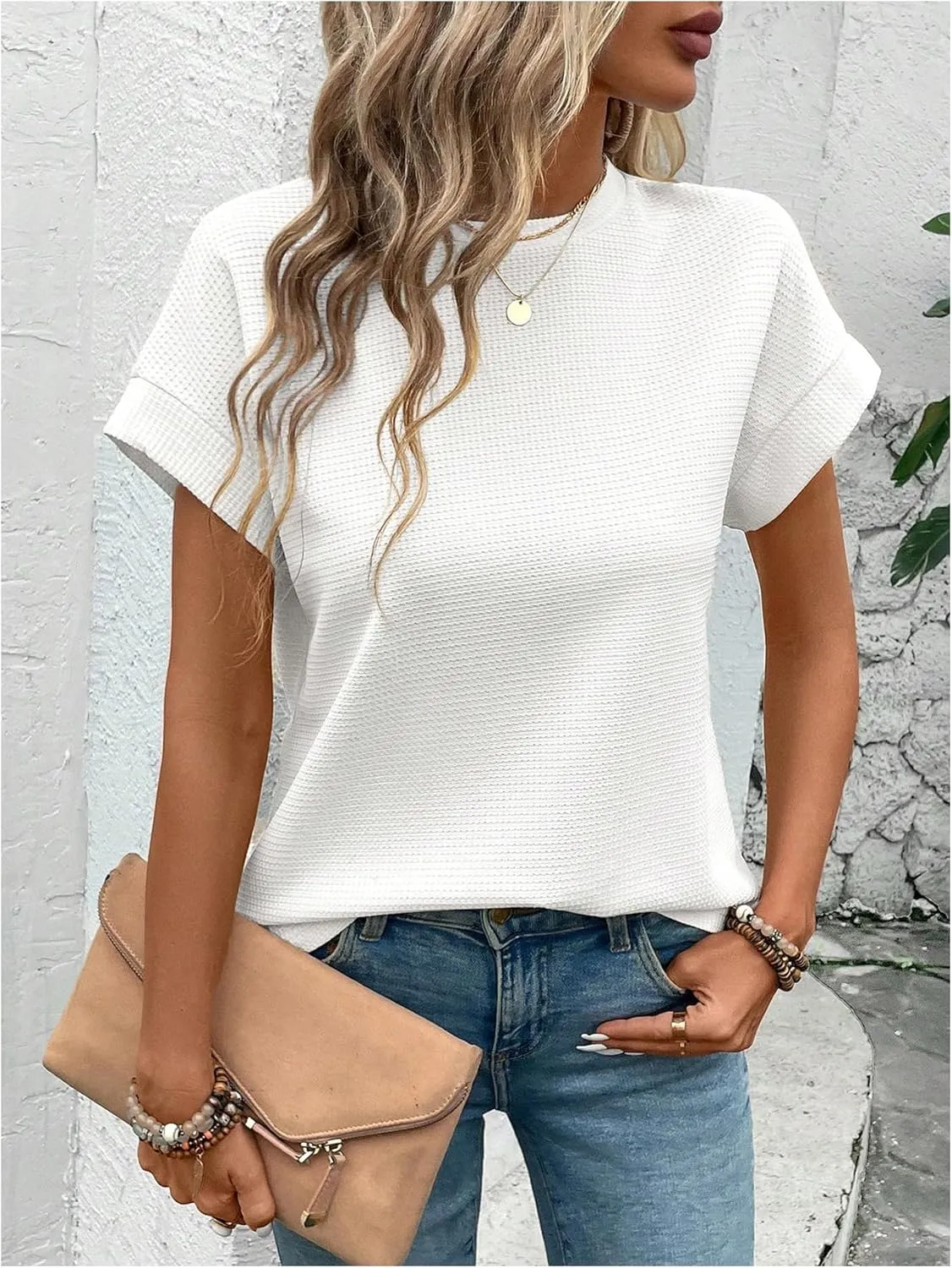 Women's Waffle Knit Short Sleeve Tee Tops Loose Crew Neck Cap Sleeve T Shirt Casual Tees
