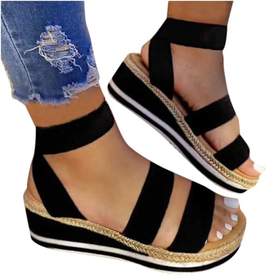 Womens Wedge Comfortable Sandals Flat Open Band Slippers Platform Elastic Toe Strap Sandals with Arch Support for Women