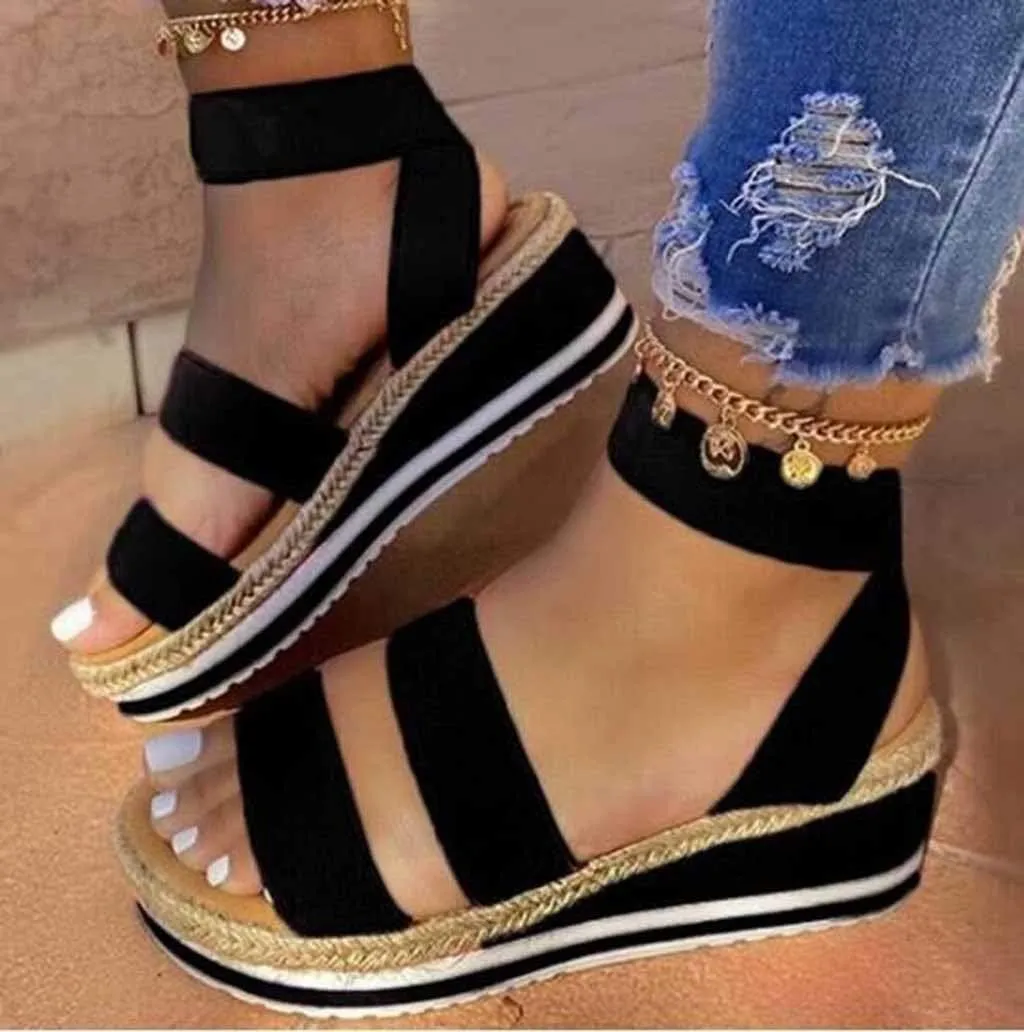 Womens Wedge Comfortable Sandals Flat Open Band Slippers Platform Elastic Toe Strap Sandals with Arch Support for Women