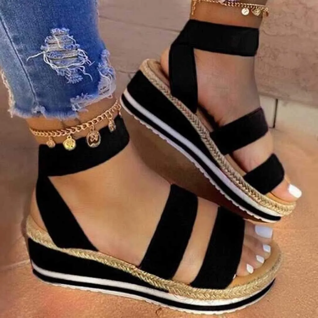 Womens Wedge Comfortable Sandals Flat Open Band Slippers Platform Elastic Toe Strap Sandals with Arch Support for Women