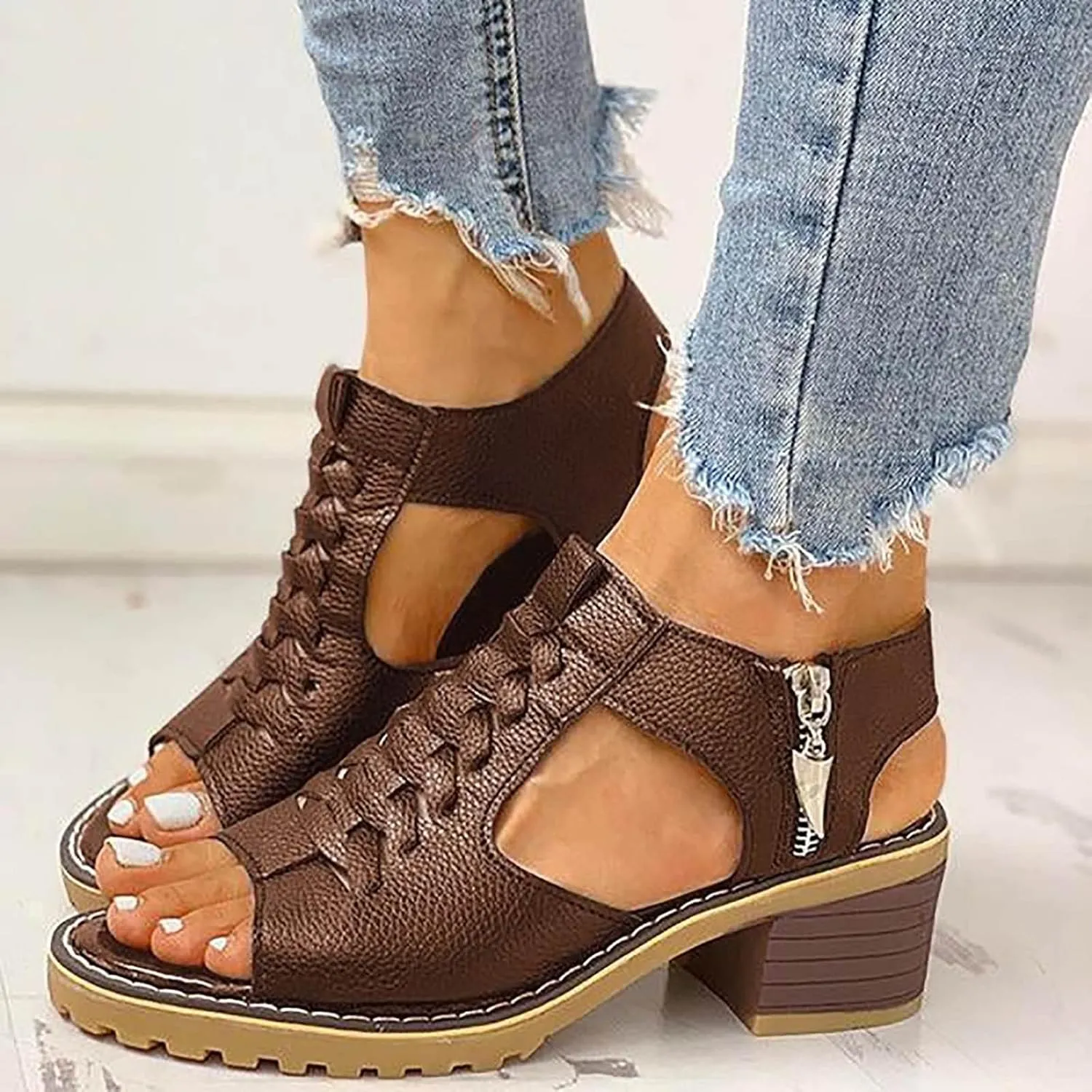 Women's Wedge Sandals - Summer Ultra-Comfy Wedge Sandal Comfortable Fashion Orthopedic Leather Peep Toe Cutout Zipper Chunky Heeled Sandals 2025