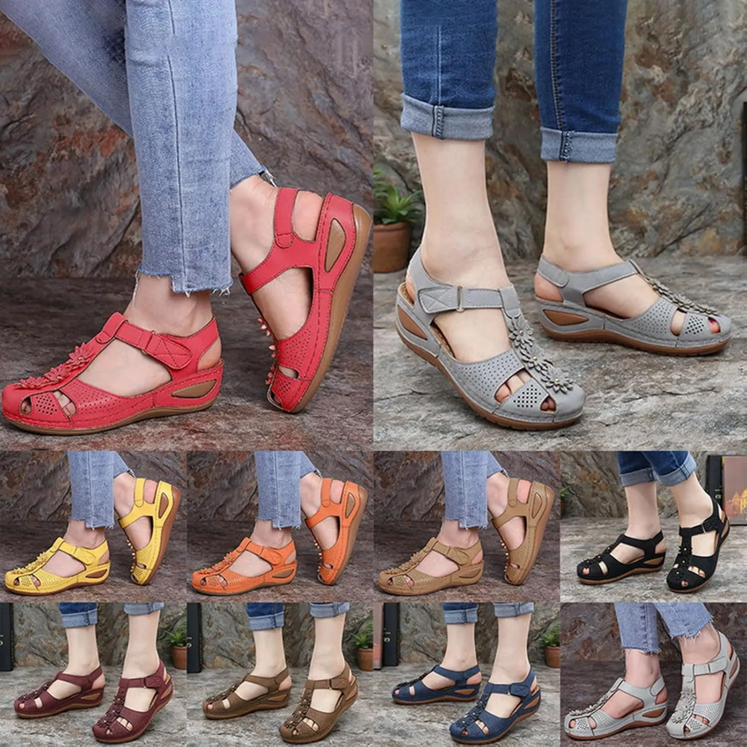 Womens Wedge Sandals Vintage Hollow Out Ankle Strap Closed Toe Sandals Bohemia Slip On Platform Sandal Outdoor Beach Shoes