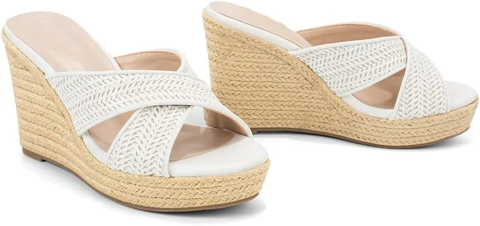Women's Wedge Slides -Sandals - espadrilles raffia sandals -summer Open Toe platform Slip On high heel casual sandals beach comfortable slippers