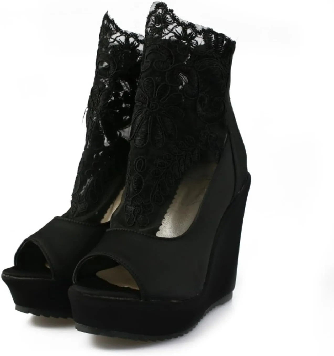 Women's Wedges Platform High Heel Sandals Boots Sexy Flowers Embroidered Breathable Mesh Back Zipper Open Peep Toe Wedding Bride Dress Shoes