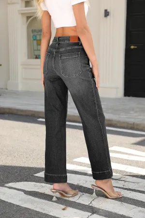 Women's Wide Leg Jeans Trendy High Rise Straight Leg Jeans for Women Stretchy Pockets Bootcut Denim Pants
