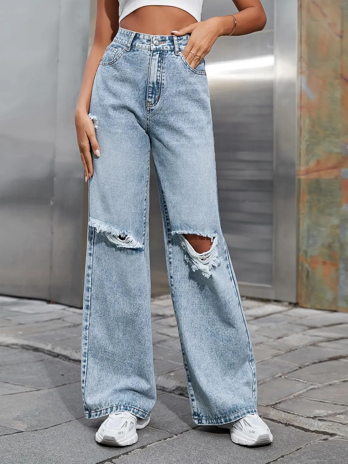 Women's Wide Leg Ripped Baggy Jeans Distressed Stretchy High Waist Loose Fit Boyfriend Denim Pants Y2K