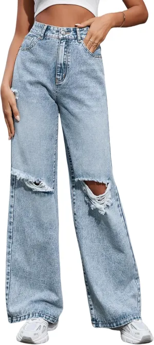 Women's Wide Leg Ripped Baggy Jeans Distressed Stretchy High Waist Loose Fit Boyfriend Denim Pants Y2K