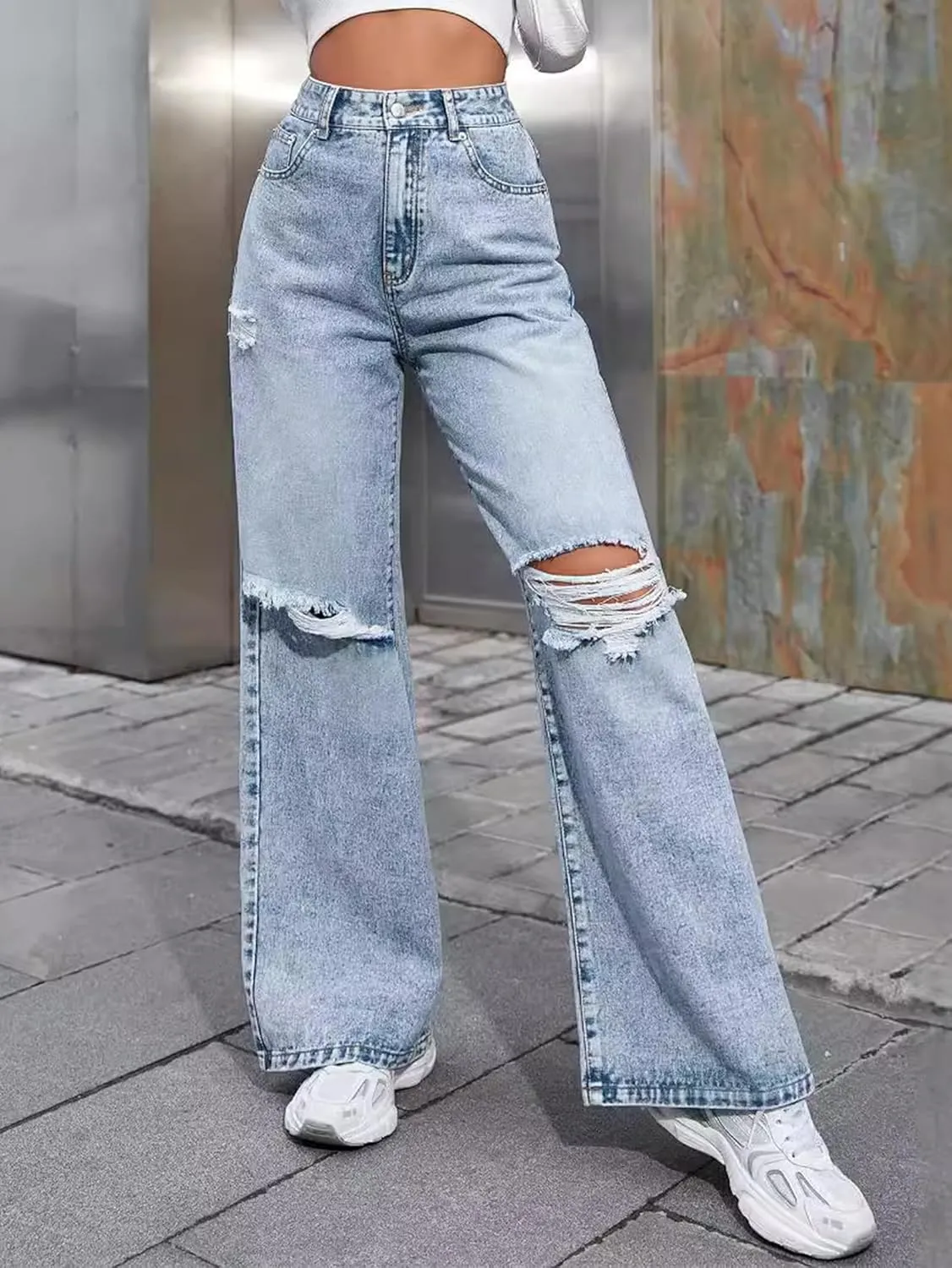 Women's Wide Leg Ripped Baggy Jeans Distressed Stretchy High Waist Loose Fit Boyfriend Denim Pants Y2K