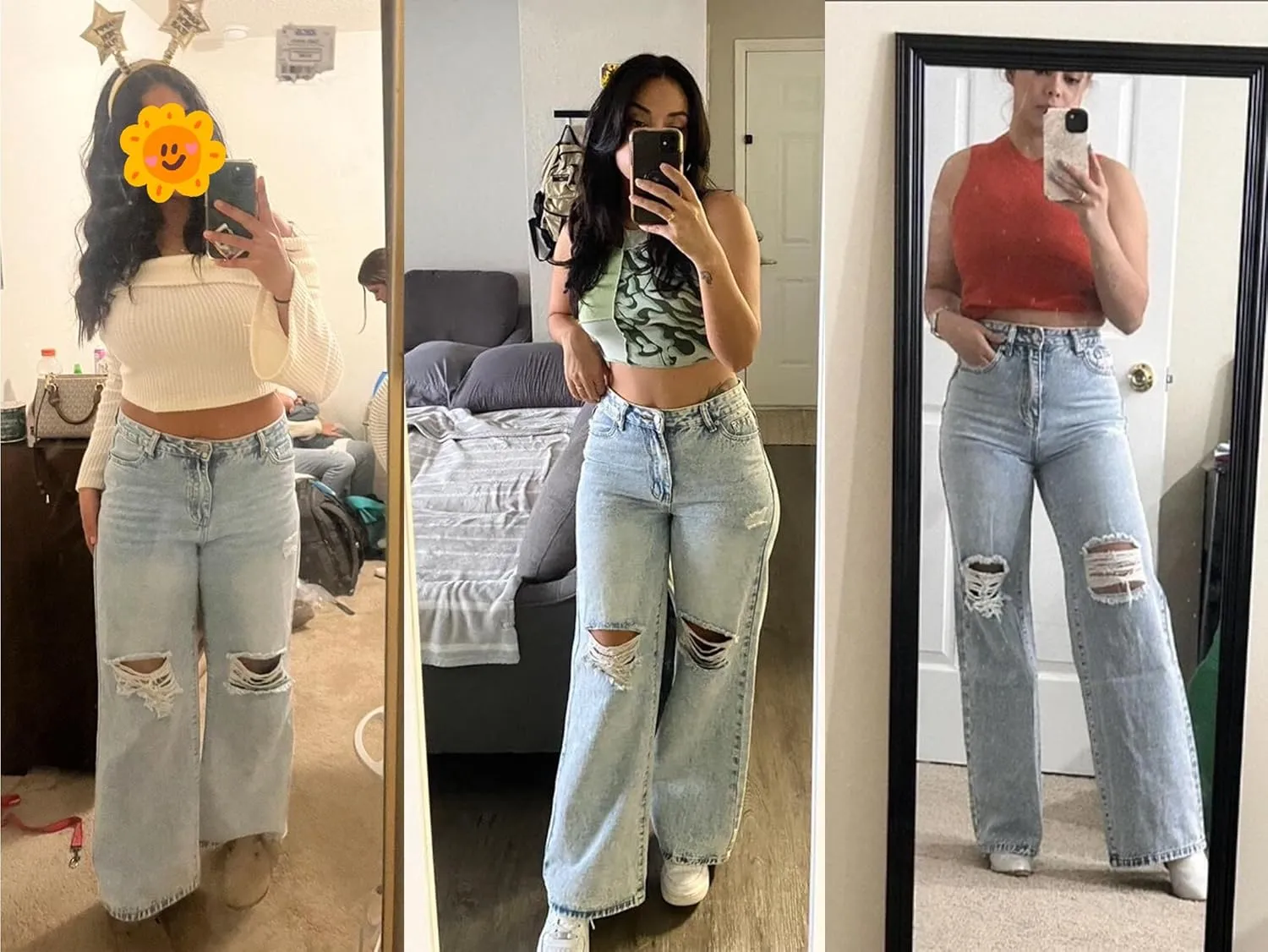Women's Wide Leg Ripped Baggy Jeans Distressed Stretchy High Waist Loose Fit Boyfriend Denim Pants Y2K
