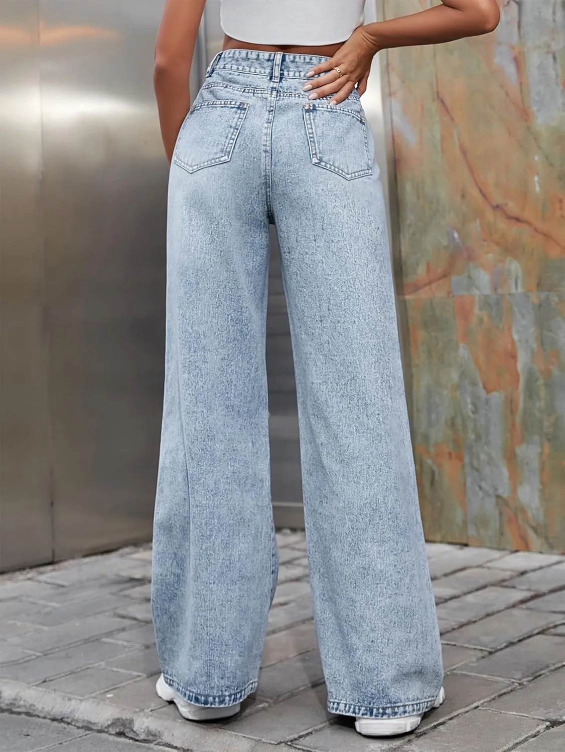 Women's Wide Leg Ripped Baggy Jeans Distressed Stretchy High Waist Loose Fit Boyfriend Denim Pants Y2K