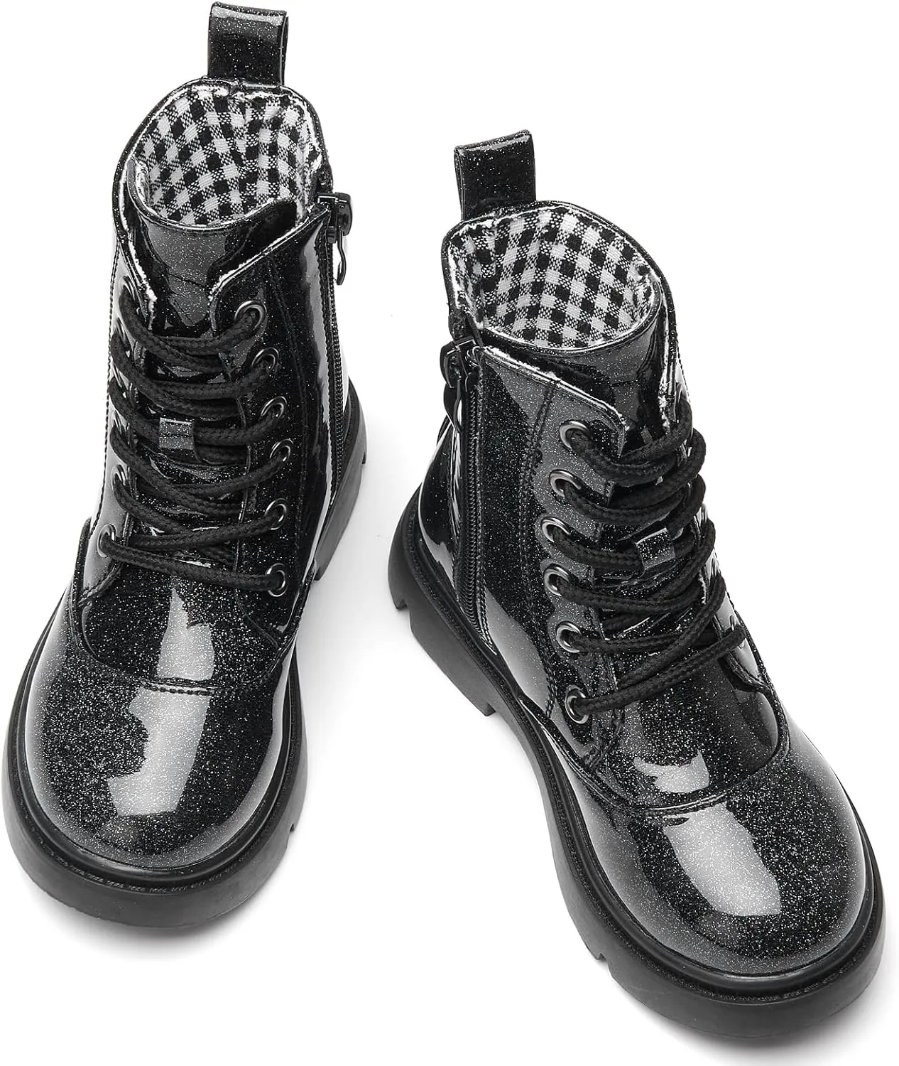 WUIWUIYU Boys Girls Boots Glitter Mid-calf Ankle Boots Lace-up High-Top Combat Boot with Side Zipper (Toddler/Little Kid/Big Kid)