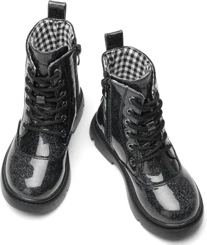 WUIWUIYU Boys Girls Boots Glitter Mid-calf Ankle Boots Lace-up High-Top Combat Boot with Side Zipper (Toddler/Little Kid/Big Kid)