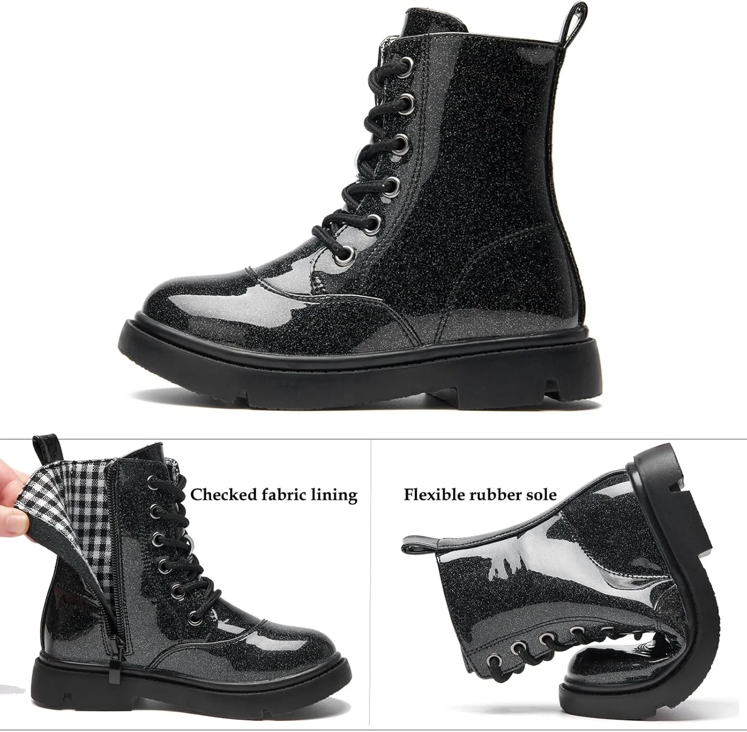 WUIWUIYU Boys Girls Boots Glitter Mid-calf Ankle Boots Lace-up High-Top Combat Boot with Side Zipper (Toddler/Little Kid/Big Kid)