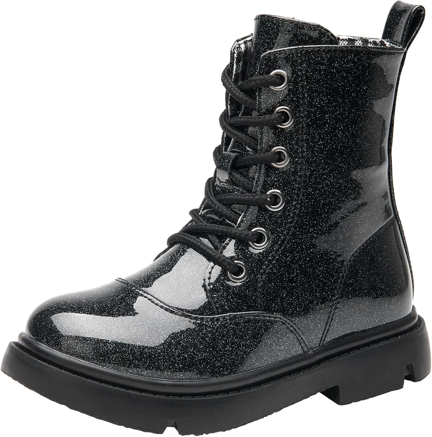 WUIWUIYU Boys Girls Boots Glitter Mid-calf Ankle Boots Lace-up High-Top Combat Boot with Side Zipper (Toddler/Little Kid/Big Kid)