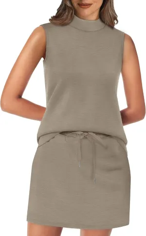 XIEERDUO Two Piece Skirt Sets for Women Summer Beach Vacation Outfits Mock Neck Tops Tennis Skirt Lounge Matching Sets